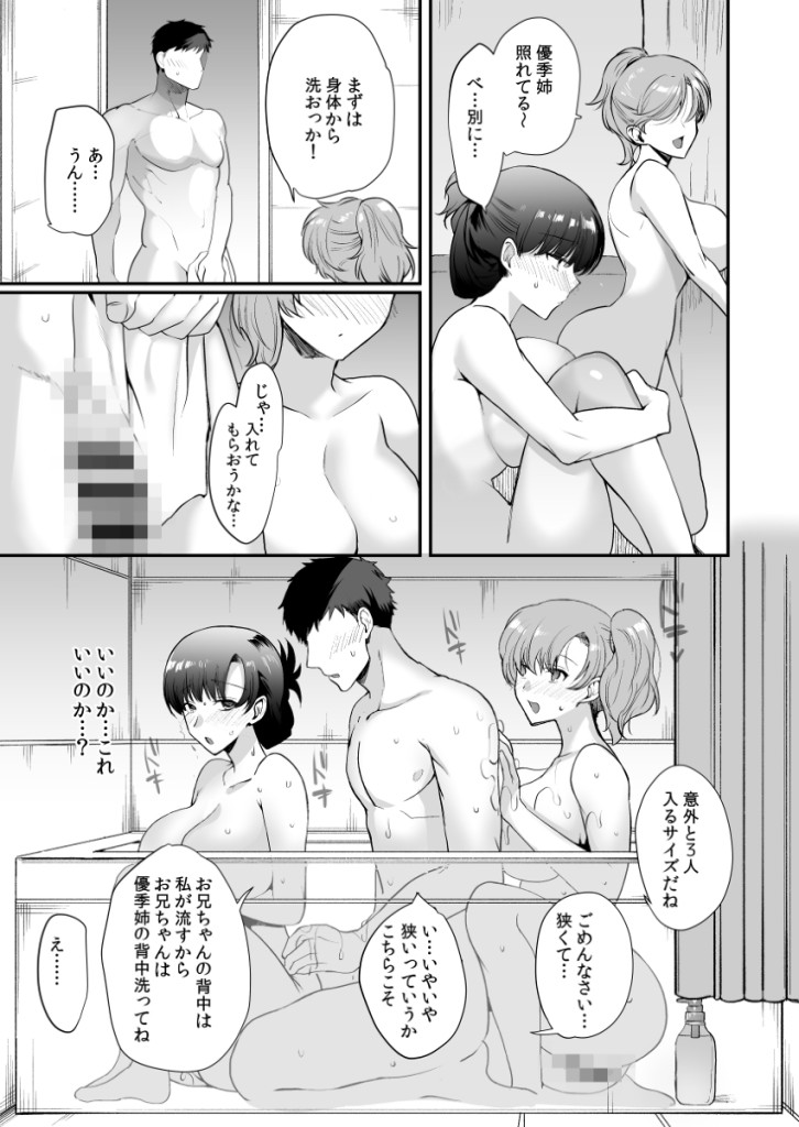 【エロ漫画】親父が再婚して姉と妹ができたんだけど、新婚旅行に行ってる間オレのアパートで姉妹と暮らすことになり一緒にお風呂……のトップ画像