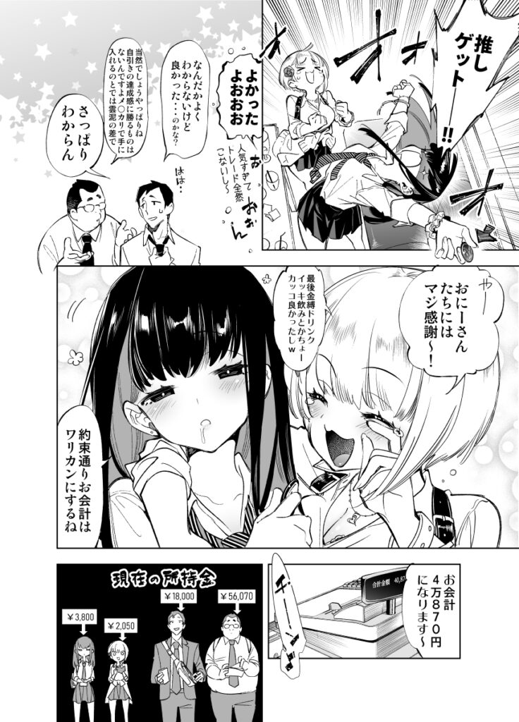 【エロ漫画】仕事帰りのおっさんサラリーマンがなんとギャルJK二人に逆ナンされて食事した後ホテルに入ってイチャイチャエッチしちゃう！