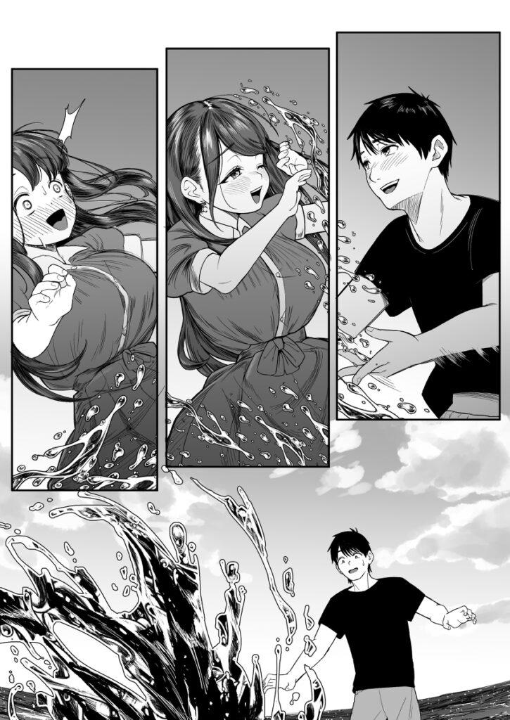 【エロ漫画】失恋して落ち込んでた男子○生が海でたまたま出会った巨乳お姉さんと仲良くなって、家におじゃましたらベロチューされてイチャイチャ初エッチしちゃう♡